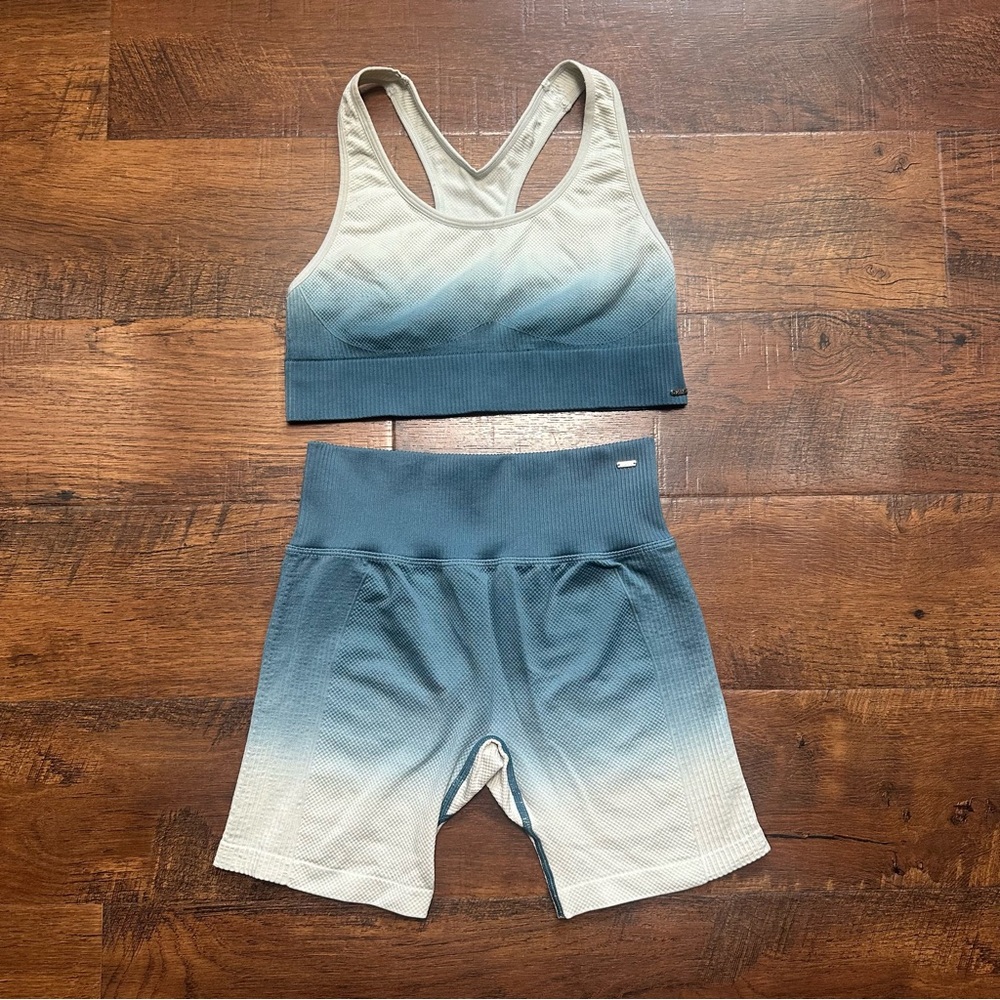 Victoria’s Secret PINK Seamless Blue and Sage Ombre Sports Bra and Shorts Set